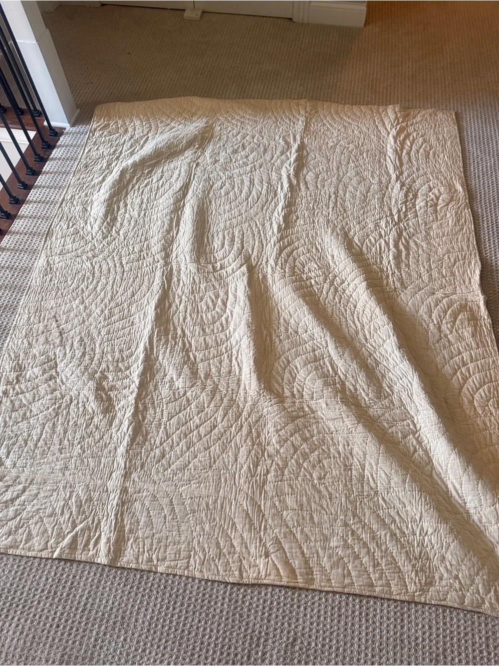 Antique 1940 handmade Striped Patchwork Quilt in Pink, Blue, Cream and Brown